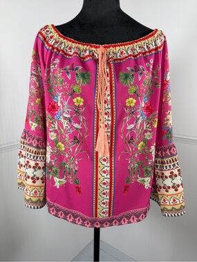 Umgee Pink Floral Boho Off Shoulder Tassel Peasant Blouse Top Size Small
